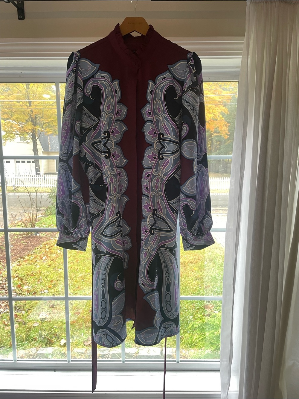 Ann Taylor Paisley-Panel Long Sleeve Midi Dress in Plum, Lavender and Black